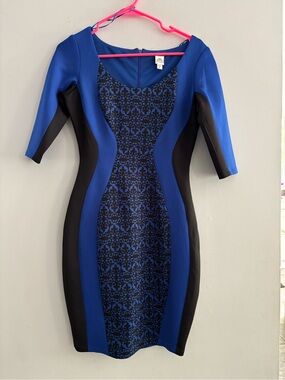 Sangria Blue Black Fitted Body Con 3/4 Sleeve Midi Dress Size 6
